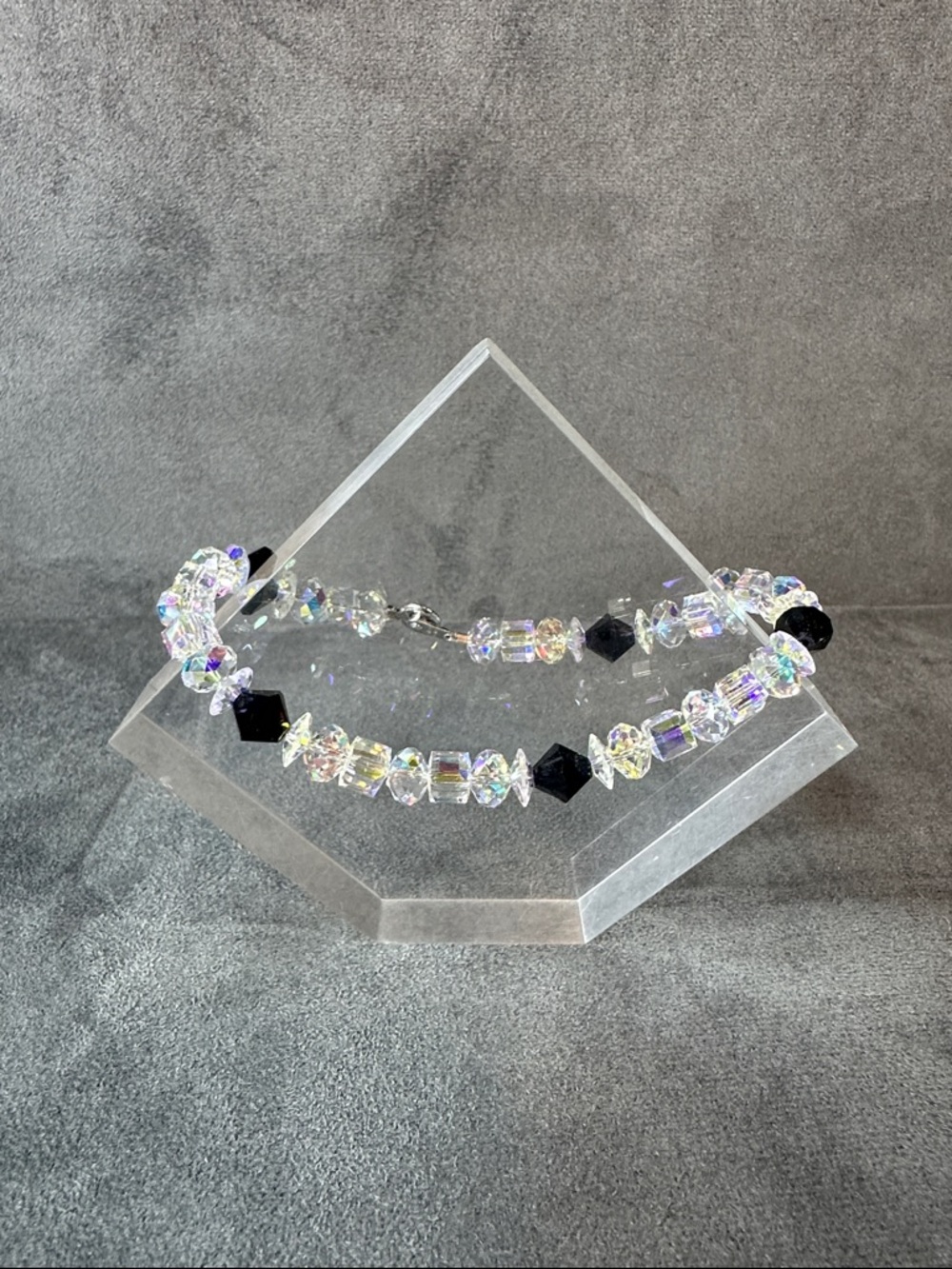 Crystal and Black Bead Women's Bracelet - Clear Iridescent